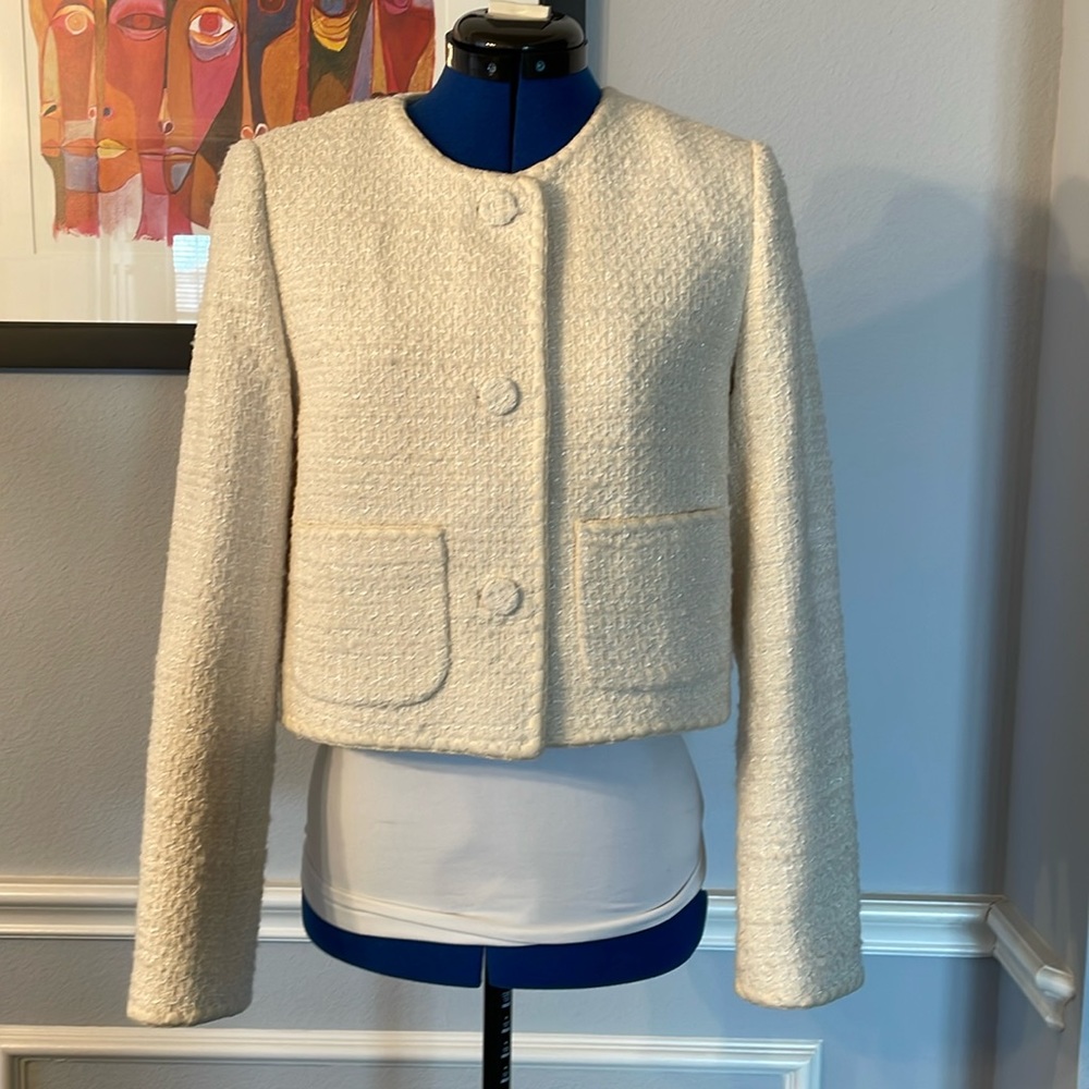 Rebecca Taylor Whipstitch Tweed Jacket in Size 6 in Cream.